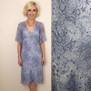 VTG Light Blue Paisley Y2K Fairy Babydoll Milkmaid 3/4 Sleeve Knee Length DRESS